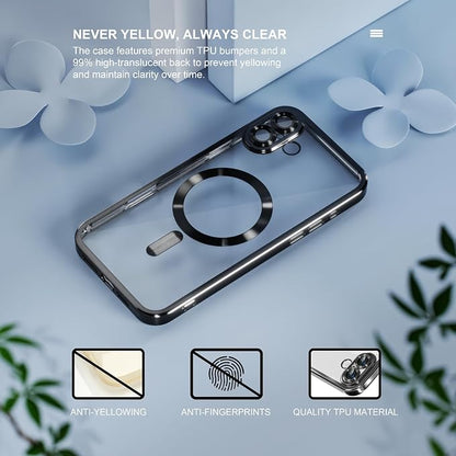 Misea Magnetic for iPhone 16 Case Compatible with MagSafe [Never Yellowing] [Military Grade Drop Protection] Full Camera Lens Protector Plating Soft Clear Phone Case for Women 6.1 inch, Black