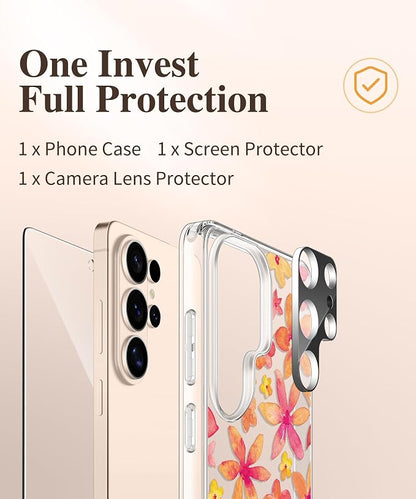 GVIEWIN for Samsung Galaxy S26 Ultra Case, Clear Floral Slim Shockproof Protective Women Phone Case, Non-Yellowing, with Screen Protector &Camera Lens Protector for S26 Ultra 6.9", Hemerocallis/Orange
