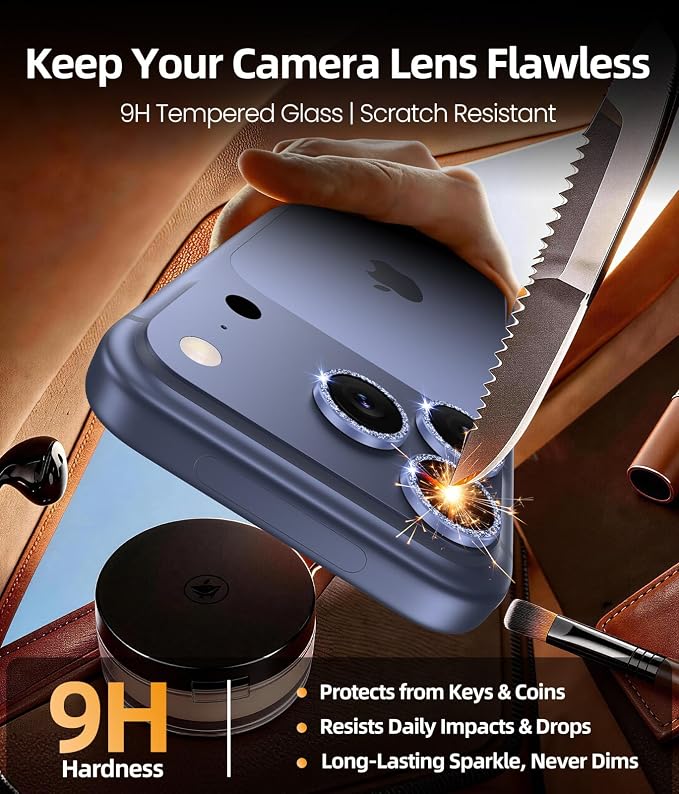 PandaShield 2-Pack Anti-Reflection Camera Lens Protector for iPhone 17/16/15 Pro & Pro Max, Easy Installation,9H Hardness, 98% Ultra Clarity, Maintains Original Lens Design -Glitter Blue