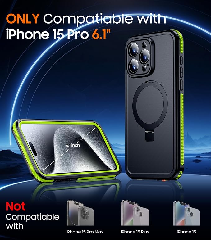 Temdan Magnetic for iPhone 15 Pro Case Waterproof, [Built-in Ring Invisible Stand & Screen Protector][IP68 Underwater][Dropproof][Dustproof][Real 360] Shockproof Protective Phone Case 6.1'' -Green