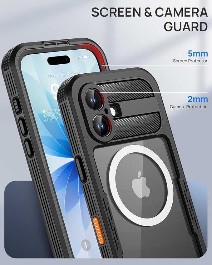 Lanhiem Magnetic for iPhone 17 Case, IP68 Waterproof Dustproof Case, [Compatible with Magsafe] [Built-in Screen Protector] Full Body Heavy Duty Rugged Phone Cover 6.3 inch, Black/Clear