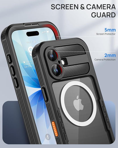 Lanhiem Magnetic for iPhone 17 Case, IP68 Waterproof Dustproof Case, [Compatible with Magsafe] [Built-in Screen Protector] Full Body Heavy Duty Rugged Phone Cover 6.3 inch, Black/Clear