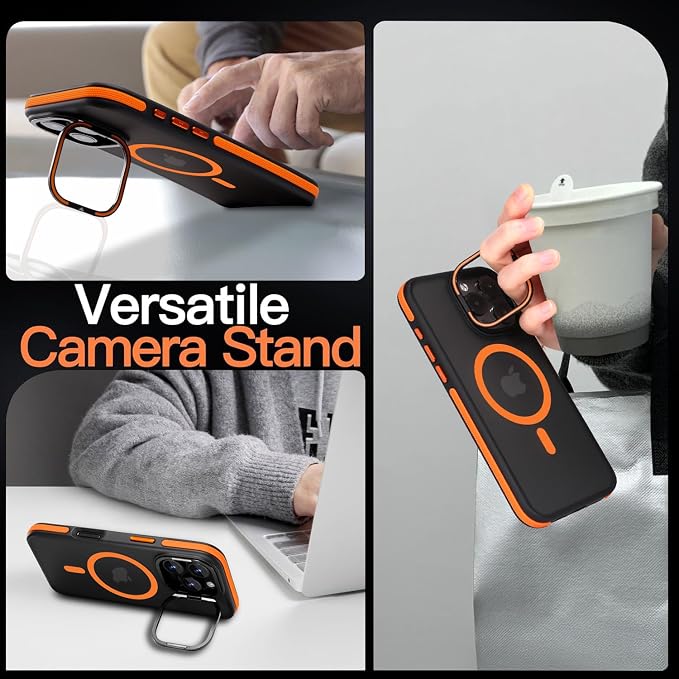 Magnetic case for iPhone 16 Pro [10Ft Military-Grade Protection] Built-in Camera Stand Phone case, Compatible with fit MagSafe Shockproof Slim Thin Cover 6.3 inch,Orange Bumper Stand