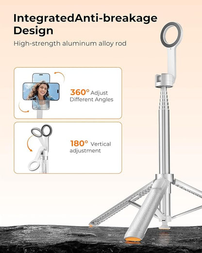 72'' Magnetic Selfie Stick Tripod for iPhone MagSafe – One-Click Open Stable Stand, Strong Magnetic Mount, 360° Rotation, Extendable Aluminum with Rechargeable Remote for Travel & Video Recording