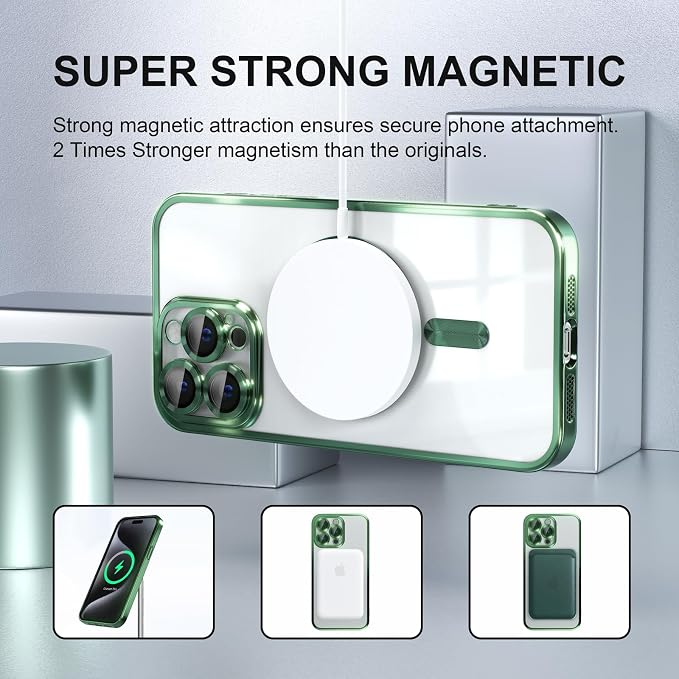 Misea Magnetic for iPhone 15 Pro Case Compatible with MagSafe [Never Yellowing] [Military Grade Drop Protection] Full Camera Lens Protector Plating Soft Clear Phone Case for Women Girls, Green