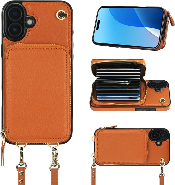 Bocasal Crossbody Wallet Case for iPhone 16 Plus, RFID Blocking Leather Purse Case with Card Holder, Protective Handbag Flip Cover with Zipper Wrist Strap Lanyard for Women 5G 6.7 Inch (Brown)