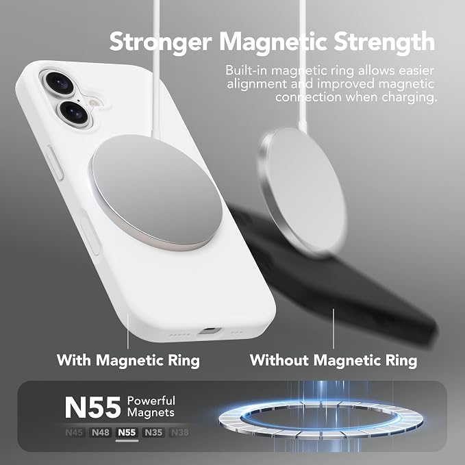 GONEZ Magnetic for iPhone 16 Case, Compatible with MagSafe, [Screen Protector + Camera Lens Protector], Liquid Silicone Shockproof Protective Phone Case for iPhone 16 6.1", White