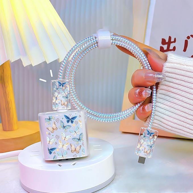 CamCosy Phone Charger Case Storage Set with Cute Butterfly Cable Protector with Carrying Cable Case Bag, Cord Organizer, USB Earphone Wire Saver Organizer Charger Protector for iPhone (Grey Blue)