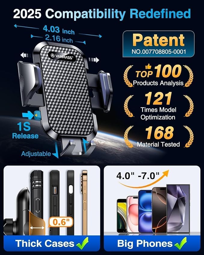VANMASS [Pro Version] Universal Car Phone Mount [2026 Super Suction Cup] Phone Holder for Car, Cell Phone Car Mount for Windshield Dash Vent Truck Stand for iPhone 17 Pro Max 16 15 14 Samsung Android