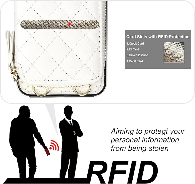 Bocasal Crossbody Wallet Case for iPhone SE 2022/SE 2020/8/7, RFID Blocking PU Leather Zipper Handbag Purse Flip Cover, Kickstand Folio Case with Card Slots Holder Wrist Strap Lanyard 4.7 Inch (White)