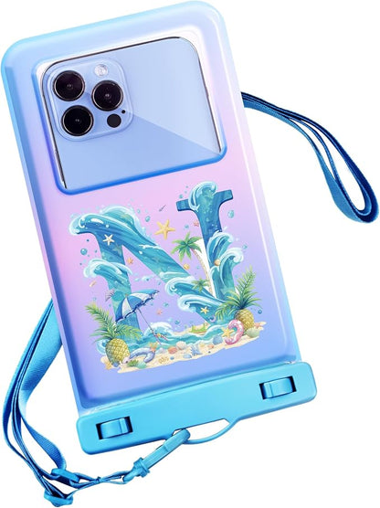 Personalized Initial Waterproof Phone Pouch Case - IPX8 Cellphone Dry Bag with Lanyard for iPhone 16/15/14/13/12 Pro Max (6.1–6.9"), Beach & Cruise Ship Essentials with Monogrammed Design (Blue, N)