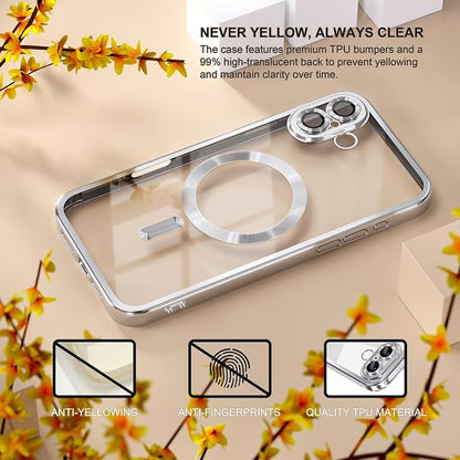 Misea Magnetic for iPhone 17 Case Compatible with MagSafe [Never Yellowing] [Military Grade Drop Protection] Full Camera Lens Protector Plating Soft Clear Phone Case for Women, Silver