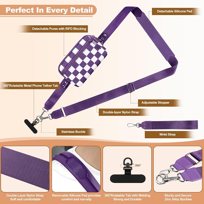 YFWE Clip and Go Strap for Phone with Wallet Crossbody, Adjustable Phone Lanyard with Detachable RFID Wristlet Wallet, Phone Strap with Phone Tabs for All Phones, Purple Checkered (L)