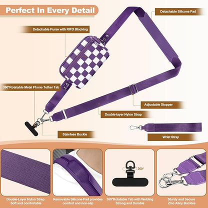 YFWE Clip and Go Strap for Phone with Wallet Crossbody, Adjustable Phone Lanyard with Detachable RFID Wristlet Wallet, Phone Strap with Phone Tabs for All Phones, Purple Checkered (L)