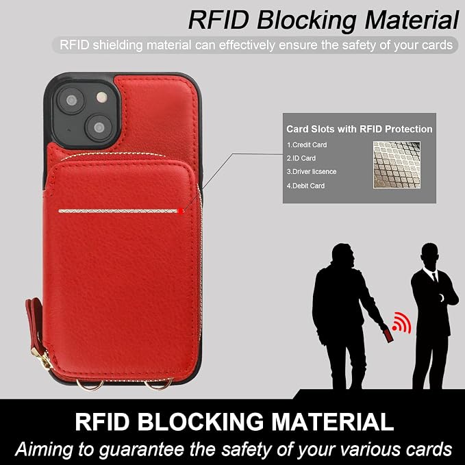 Bocasal RFID Blocking Wallet Case for iPhone 14 Plus, Adjustable Crossbody Zipper Purse Case Card Holder with Kickstand Detachable Wrist Strap, PU Leather Flip Folio Case 6.7 Inch 5G (Red)