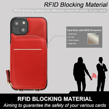 Bocasal RFID Blocking Wallet Case for iPhone 14 Plus, Adjustable Crossbody Zipper Purse Case Card Holder with Kickstand Detachable Wrist Strap, PU Leather Flip Folio Case 6.7 Inch 5G (Red)