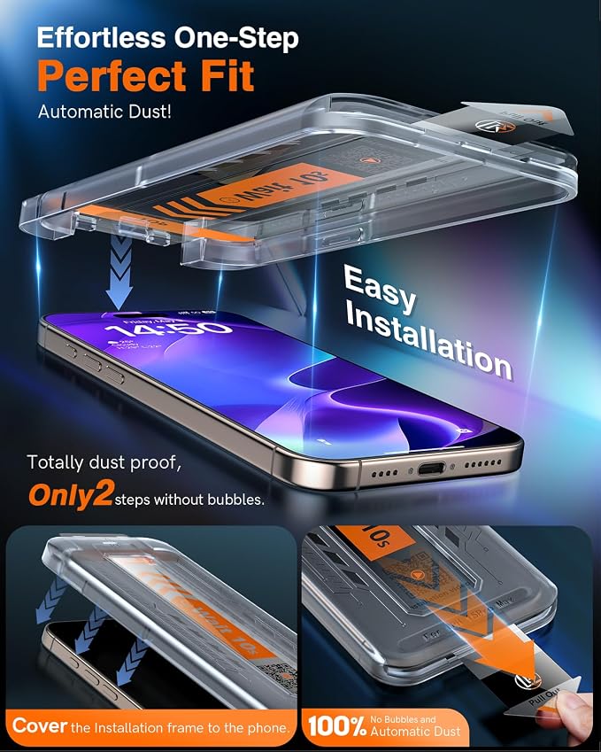 LK 3 Pack for iPhone 15 Pro Max Screen Protector Tempered Glass [One-Pull Install] [Auto-Dusting 0 Bubble] Military Grade Shatterproof, Full Coverage Top 9H Screen Protector for 15 Pro Max, HD Ultra