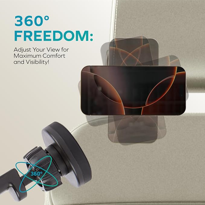 CHARGEWORX Magnetic Back-Seat Phone Mount – Universal Car Headrest Smartphone Holder with Strong Magnetic Grip, 360° Rotating Seat Mount for iPhone & Android