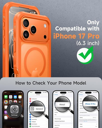 seacosmo for iPhone 17 Pro Case, Full Body Bumper with Built-in Tempered Glass Screen and Camera Lens Protector, Compatible with MagSafe, Shockproof 17 Pro Phone Case, 6.3", Orange Matte