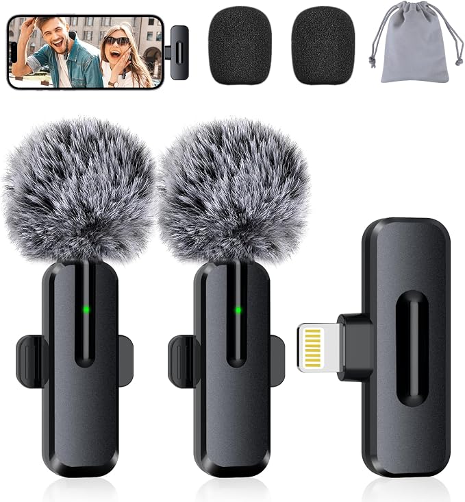 Wireless Mini Microphone for iPhone - Lavalier Microphone for Video Recording, 2 Pack Noise Reduction Clip-on Mini Lapel Mic for Tiktok YouTube Vlog Lives Podcast(iPhone 14 & Below)