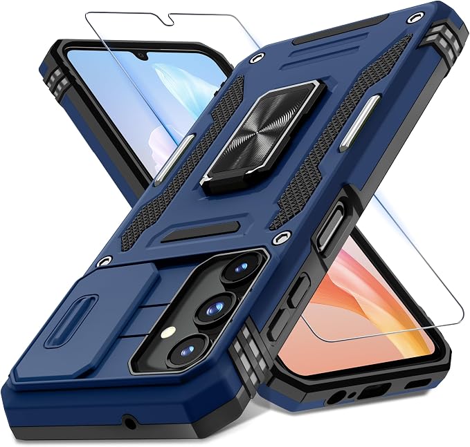 DEERLAMN Case for Samsung Galaxy A15 5G with Slide Camera Cover+Screen Protector (1 Pack), Rotated Ring Kickstand Military Grade Shockproof Protective Cover-Navy Blue