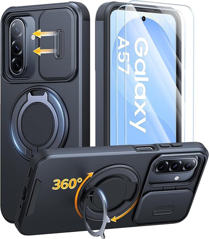 JAME for Samsung Galaxy A57 5G Case, Ring Holder Stand Kickstand, Slide Camera Cover, 2 Screen Protectors, Dual-Layer Shockproof Protective, Magnetic Accessory Friendly Galaxy A57 Phone Case, Black