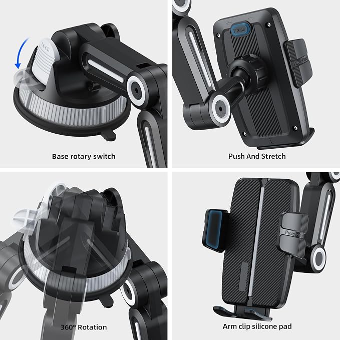 Ultra-Strong Suction Cup Phone Mount for Car - Anti-Shock & Noiseless Dashboard & Windshield Holder, 360° Adjustable Hands-Free Mount for All Smartphone (01)
