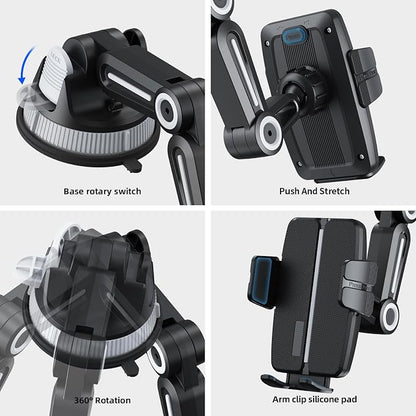 Ultra-Strong Suction Cup Phone Mount for Car - Anti-Shock & Noiseless Dashboard & Windshield Holder, 360° Adjustable Hands-Free Mount for All Smartphone (01)