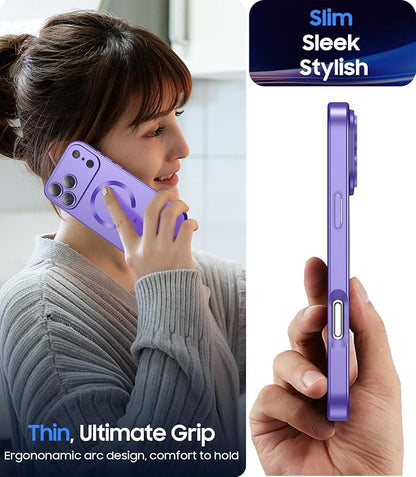 Magnetic for iPhone 17 Pro Case [Compatible with MagSafe][Built-in Camera Lens Protector] Slim Thin Soft Silicone Bumper Shockproof Metallic Luster Phone Case (Purple)