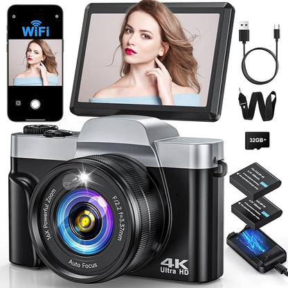4K Digital Camera with WiFi 64MP Autofocus Vlogging Camera Compact Travel Cameras for Photography, 3" 180° Flip Screen 16X Zoom Flash Anti-Shake, Point and Shoot Camera for Beginner, Easy to Use