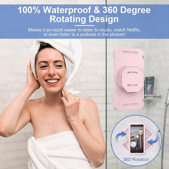 URROY Shower Phone Holder Waterproof, 360° Rotation Shower Phone Case, Anti-Fog High Sensitivity Universal Cover Mount Stand for Bathroom Wall Mirror Bathtub Kitchen，Men Women Pink