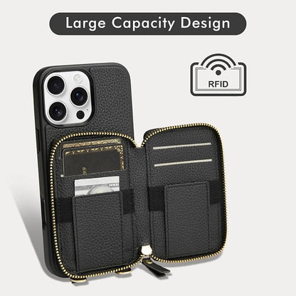 LAMEEKU Compatible with iPhone 16 Pro Max Wallet Case with Credit Card Holder, Leather Crossbody Case with Phone Grip Holder Stand Wrist Strap for iPhone 16 Pro Max 6.9 inch Black