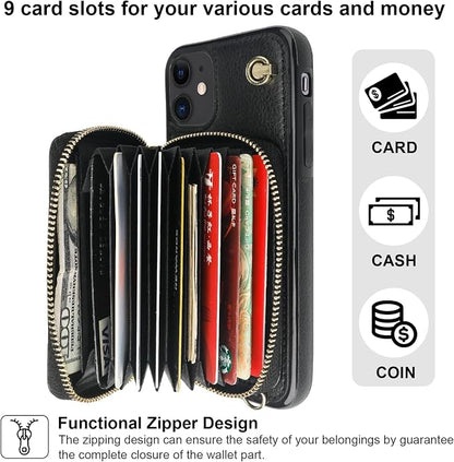Bocasal Crossbody Wallet Case for iPhone 11, RFID Blocking Leather Purse Case with Card Holder, Protective Handbag Flip Cover with Zipper Wrist Strap Lanyard for Women 6.1 Inch (Black)
