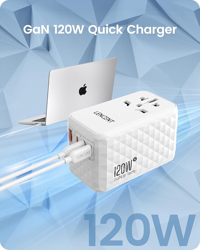 LENCENT 120W International Travel Adapter, Universal Travel Adapter | with 1 USB-A & 3 Type C Power Adaptor, Fast Charging for Phone,Laptops, All-in-One Outlet Adaptor for USA/UK/EU/AUS, White