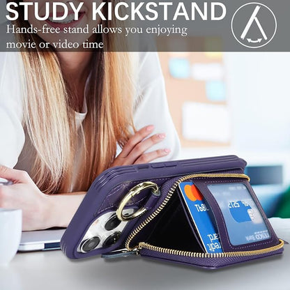 Crossbody Wallet Case for iPhone 14 Pro, PU Leather Zipper Handbag Purse Flip Cover, Kickstand Folio Case with Card Slots Holder Wrist Strap Lanyard 5G 6.1 Inch-Purple