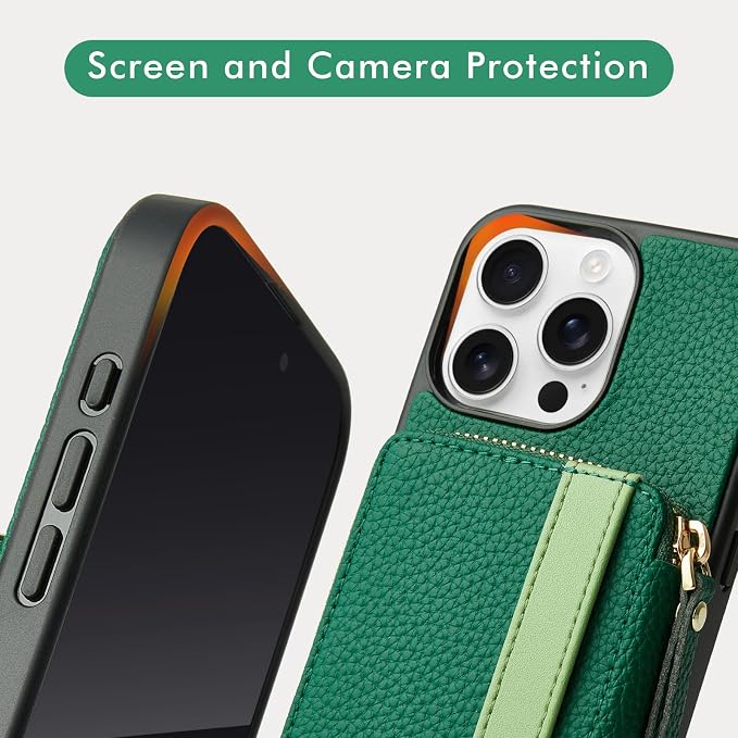 LAMEEKU Compatible for iPhone 16 Pro Max Wallet Case, Zipper Leather Card Slots, Crossbody With Phone Grip Holder Stand Wrist Strap for 6.9 Inch Dark Green