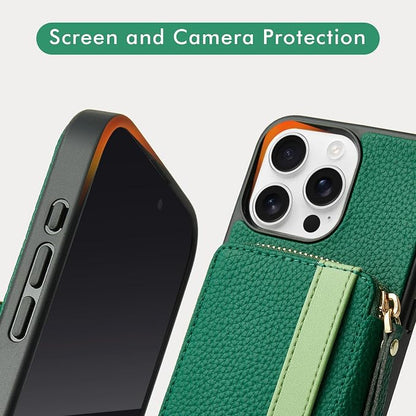 LAMEEKU Compatible for iPhone 16 Pro Max Wallet Case, Zipper Leather Card Slots, Crossbody With Phone Grip Holder Stand Wrist Strap for 6.9 Inch Dark Green