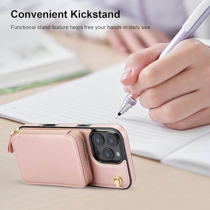 Bocasal Crossbody Wallet Case for iPhone 16 Pro Max, RFID Blocking Leather Purse Case with Card Holder, Protective Handbag Flip Cover with Zipper Wrist Strap Lanyard for Women 5G 6.9 Inch (Rose Gold)