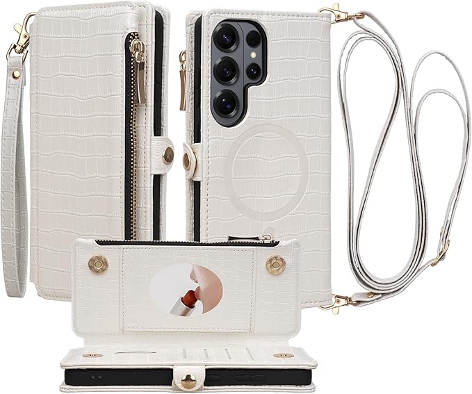 Crossbody Wallet Case for Samsung Galaxy S26 Ultra with Mirror, Wrist Strap, Zipper Purse Magnetic Flip, RFID Blocking Card Holder, PU Leather Shockproof Women (White)