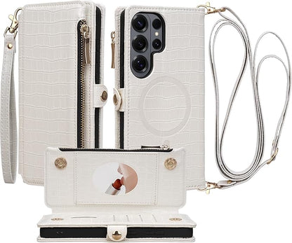 Crossbody Wallet Case for Samsung Galaxy S26 Ultra with Mirror, Wrist Strap, Zipper Purse Magnetic Flip, RFID Blocking Card Holder, PU Leather Shockproof Women (White)