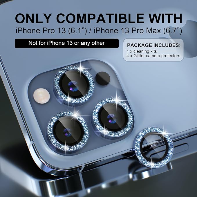 Choiche Compatible for iPhone 13 Pro/iPhone 13 Pro Max Camera Lens Protector Bling, 9H Tempered Glass Camera Cover Screen Protector Metal Ring Decoration Accessories (Glitter-Sierra Blue)