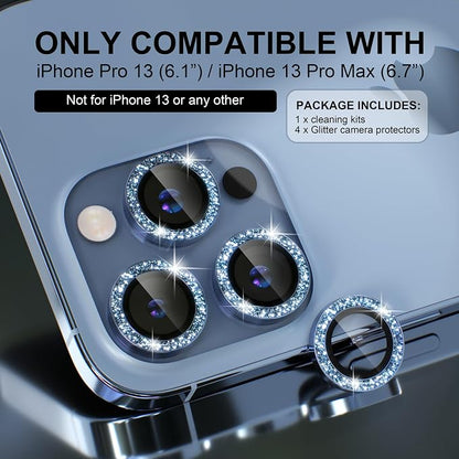 Choiche Compatible for iPhone 13 Pro/iPhone 13 Pro Max Camera Lens Protector Bling, 9H Tempered Glass Camera Cover Screen Protector Metal Ring Decoration Accessories (Glitter-Sierra Blue)