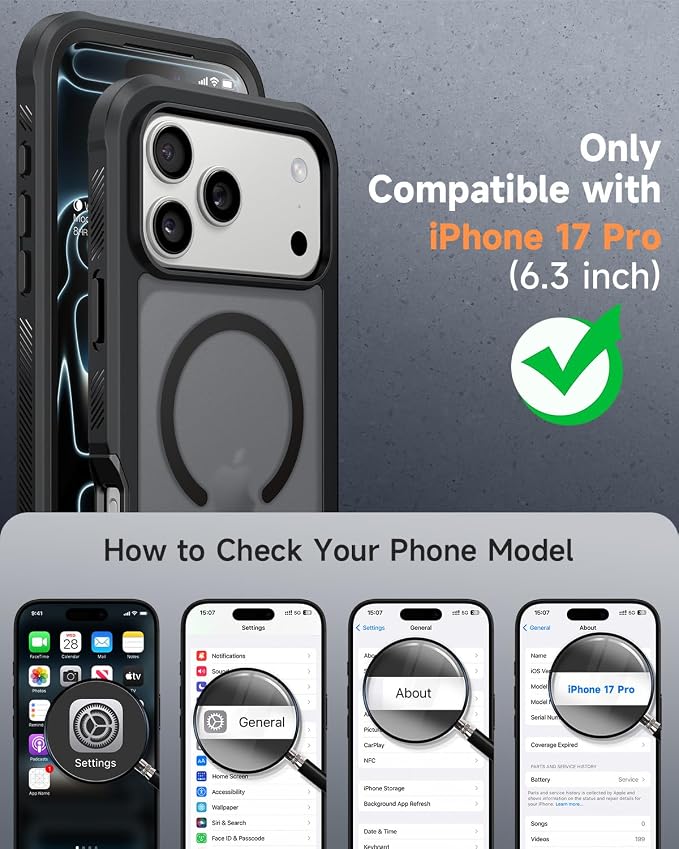 seacosmo for iPhone 17 Pro Case, Full Body Bumper with Built-in Tempered Glass Screen and Camera Lens Protector, Compatible with MagSafe, Shockproof 17 Pro Phone Case, 6.3", Black Matte