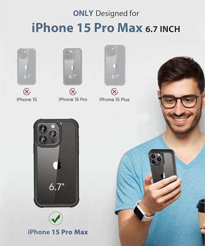 Compatible with iPhone 15 Pro Max Case, Built-in Screen Protector, with Camera Lens Protector, Anti-Yellowing Full Body Phone Case, Shockproof Protective Cover for 15 ProMax 6.7" (Black)