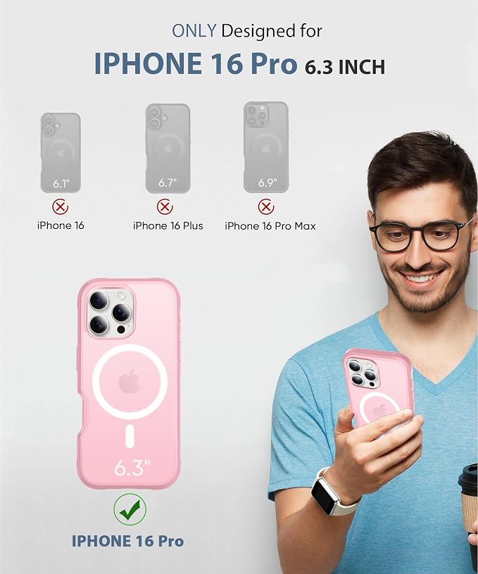 Compatible with iPhone 16 Pro Case, Built-in Screen Protector, with Camera Lens Protector, [Compatible with MagSafe] Matte Back Full Body Phone Case, Protective Cover for 16Pro 6.3" (Pink)