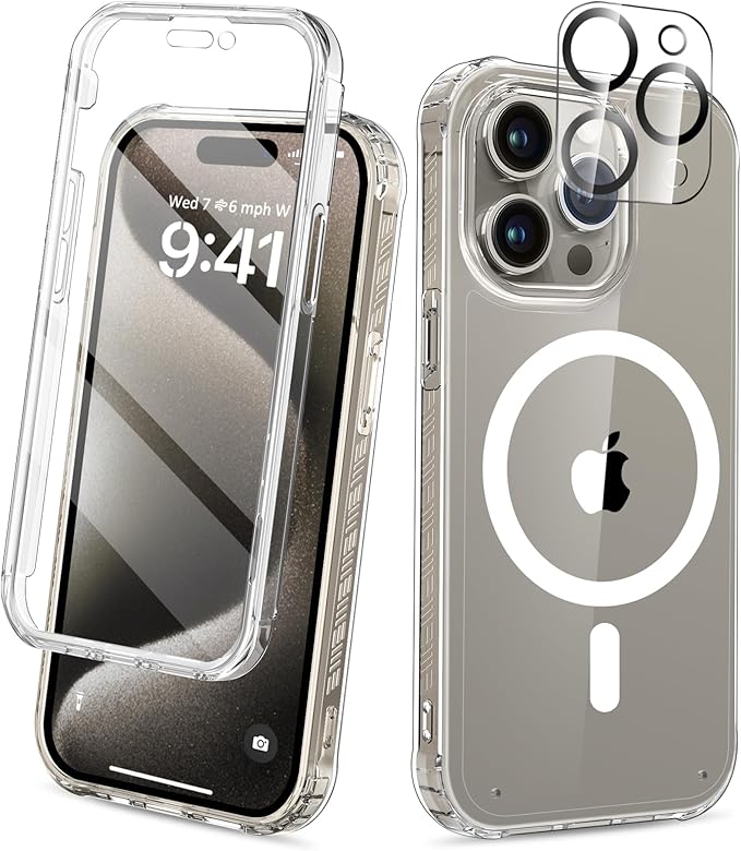 Compatible with iPhone 15 Pro Case Clear, Built-in Screen Protector, with Camera Lens Protector, [Compatible with MagSafe] Full Body Phone Case, Protective Cover for 15Pro 6.1" (Clear)