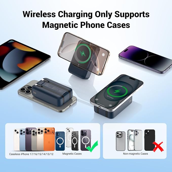 Magnetic Wireless Power Bank 26800mAh, PD 22.5W Type-C Fast Charging Portable Charger 5 Outputs, Battery Pack for Magsafe Built in 2 Cables with Stand LED Display for iPhone 17/16/15/14/13/12-Blue