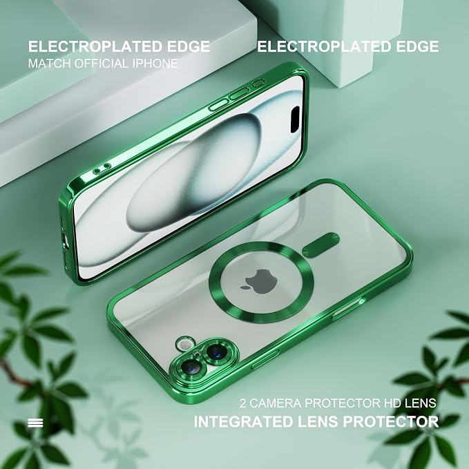 Misea Magnetic for iPhone 16 Plus Case Compatible with MagSafe [Never Yellowing] [Military Grade Drop Protection] Full Camera Lens Protector Plating Soft Clear Phone Case for Women 6.7", Green