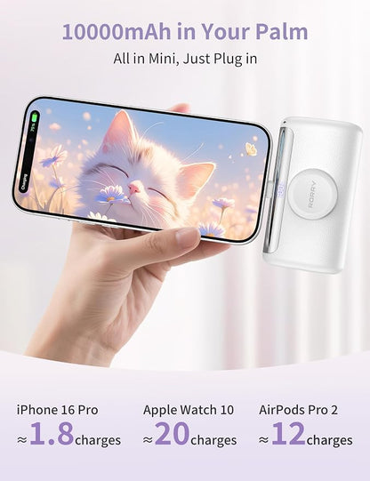 RORRY PalmGo Portable Charger Power Bank 10000mAh 3-in-1 Mini Battery Pack | Built-in USB-C Connector, 22.5W Fast Charging, for iPhone 17/16/15, Apple Watch, iPad, Travel Essential, Pocket Size
