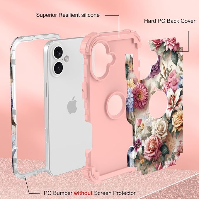 Hocase for iPhone 17 Case 6.3", Heavy Duty Shockproof Protection Soft Silicone Rubber+Hard Plastic Bumpers Hybrid Protective Case for iPhone 17 2025 - Rose Flowers